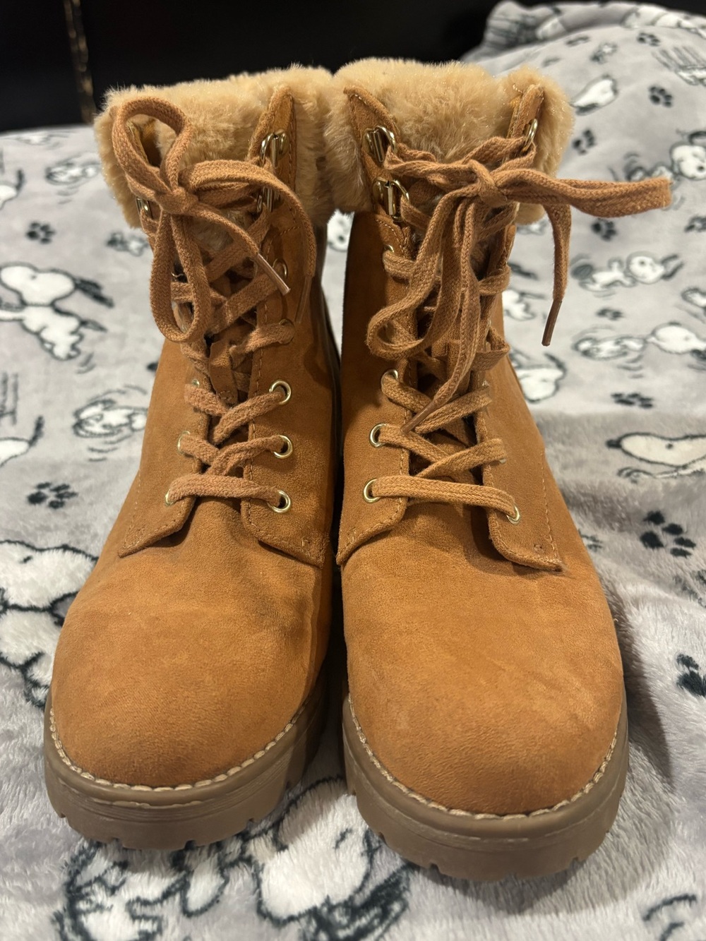 Faux Fur Lined Suede Lace-Up Ankle Boots - Tan